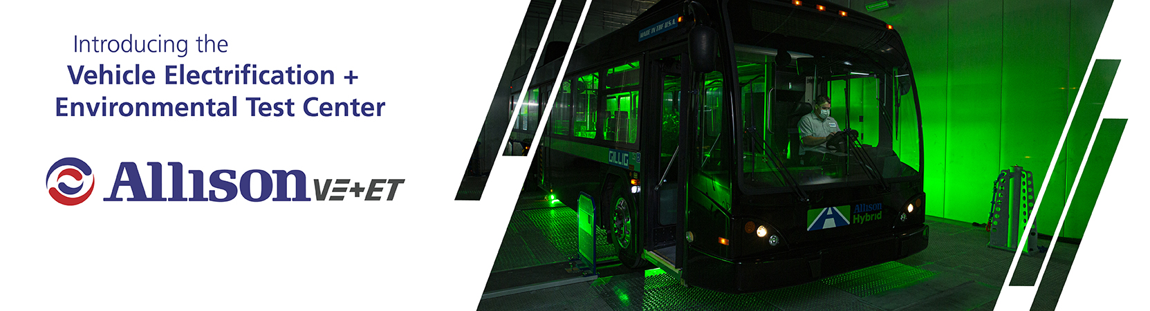 A black bus is shown on a dyne with green lights all around it. Text reads "Introducing Vehicle Electrification + Environmental Test Center"